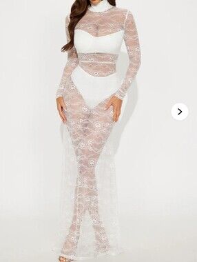 white sheer dress fashion nova Vestido Maxi de Malla Bungalow Sheer - Crema